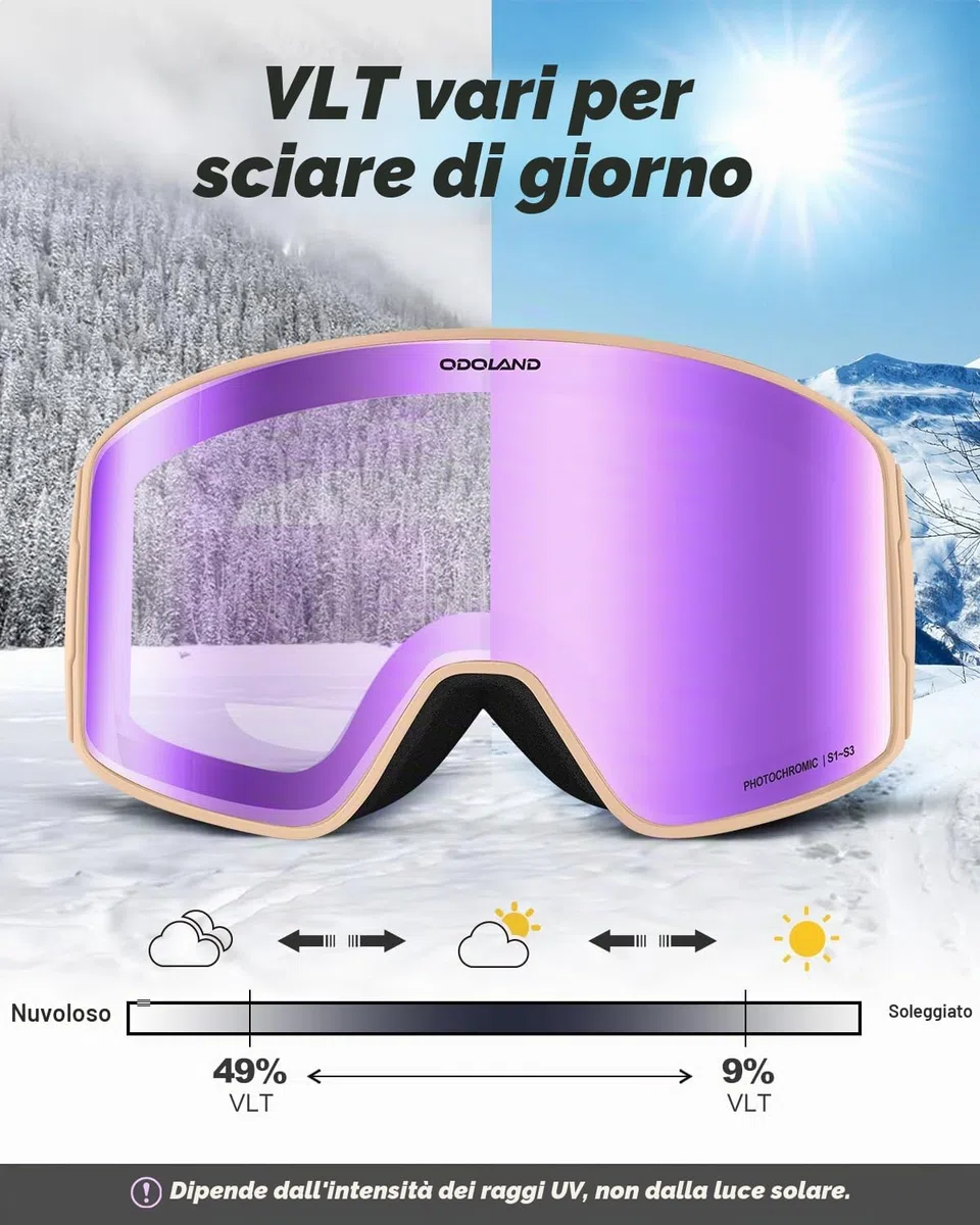 Odoland Occhiali da Sci Fotocromatici Maschera da Snowboard Cilindrici Antiappannamento Protezione UV400 Occhiali da Sci e Snowboard per Adulti Ragazzi Uomo Donna