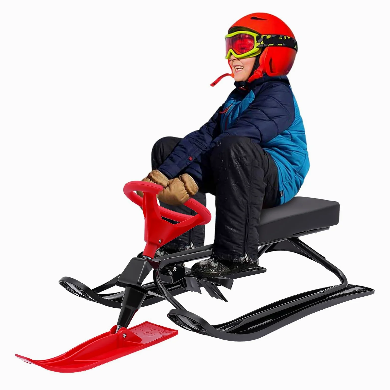 Bob Slittino con volante e freno a pedale, portata 100 kg, per adulti e bambini, 3-15 anni, slitta ergonomica per sci, neve, ghiaccio