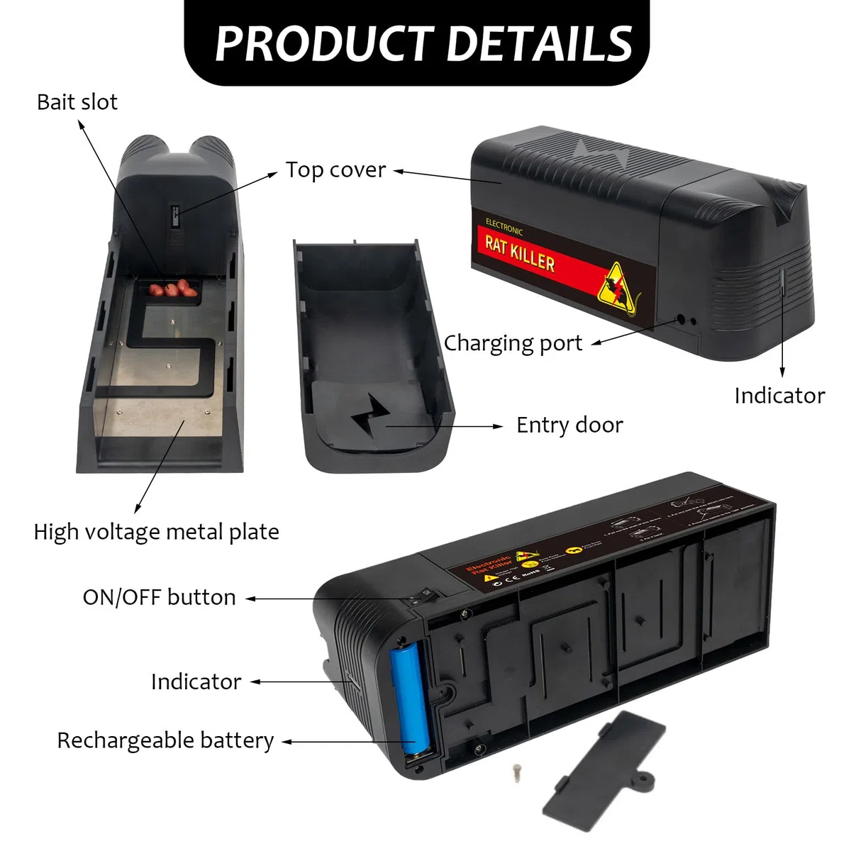 BigKing Trappola elettrica per topi elettrica 2000 V Trappola per topi elettrica professionale con grondaia per esche elettriche con protezione oscurante, per ratti