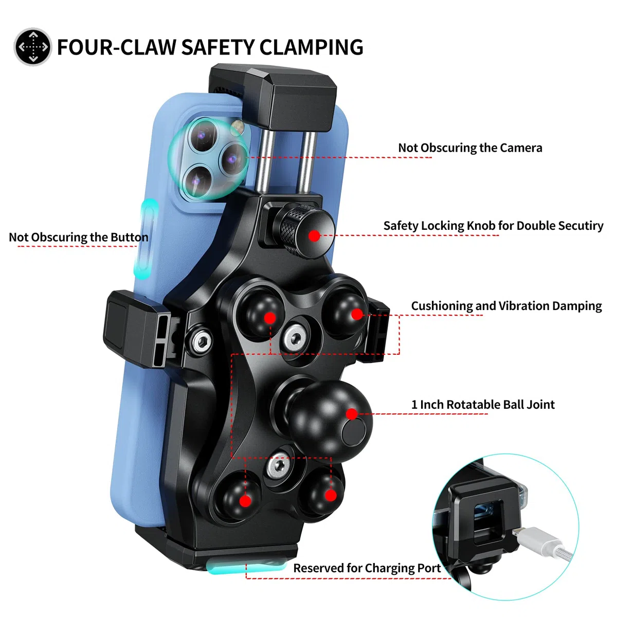 iMESTOU Supporto per Telefono per Forcella da Moto, Anti-vibrazione, con 2,5 cm/1" Doppio Braccio Antifurto e Base per Forcella, Adatto per BMW Yamaha Moto, Adatto per Cellulari da 4,7"-7,2"