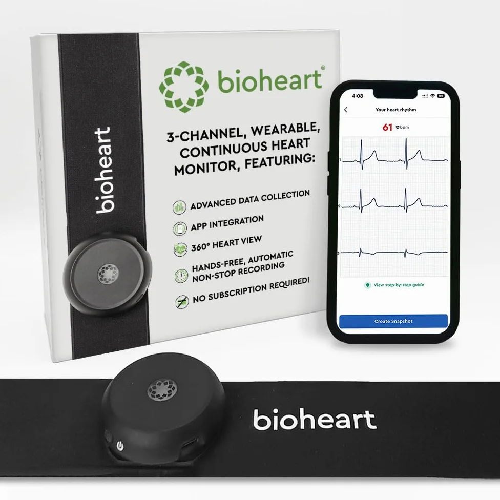 Bioheart - Cardiofrequenzimetro Bluetooth | Monitoraggio continuo della frequenza cardiaca | Fascia toracica Dispositivo mobile per la frequenza cardiaca | Abbonamento di un anno incluso