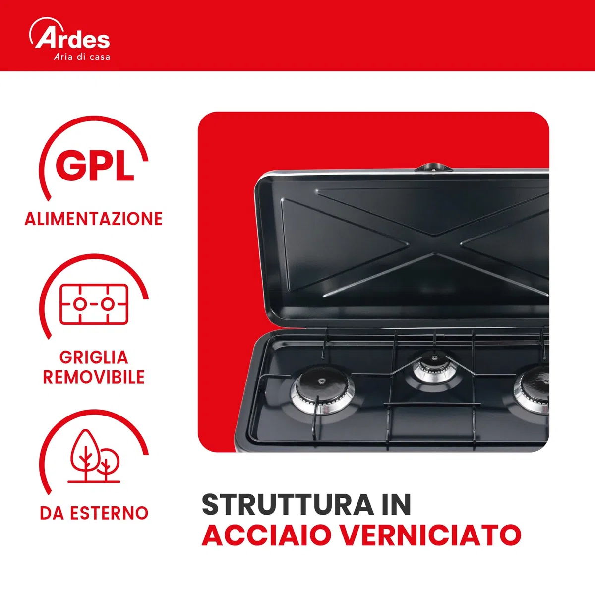 ARDES AR1FG03 Cucina a Gas Butano Portatile – 3 Fuochi – Potenza Totale 2,9 kW – Griglia Removibile – Coperchio di Trasporto – Fornello Camping Gas GPL per Esterno