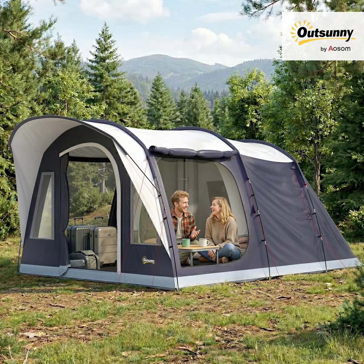 Outsunny Tenda Campeggio a Tunnel per 2-4 Persone Alta 213cm con 2 Stanze, Tenda da Campeggio Familiare Impermeabile 3000mm Veranda, Finestre, Tasche, Gancio, Borsa Trasporto per Trekking, Blu Navy