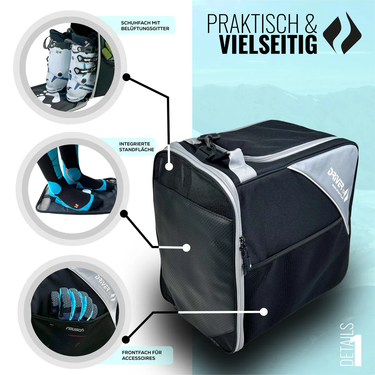 Driver13 borsa per scarponi/scarpe da sci con scomparto casco (bootbag) per scarpe da sci e boots snowboard (nero/grigio)