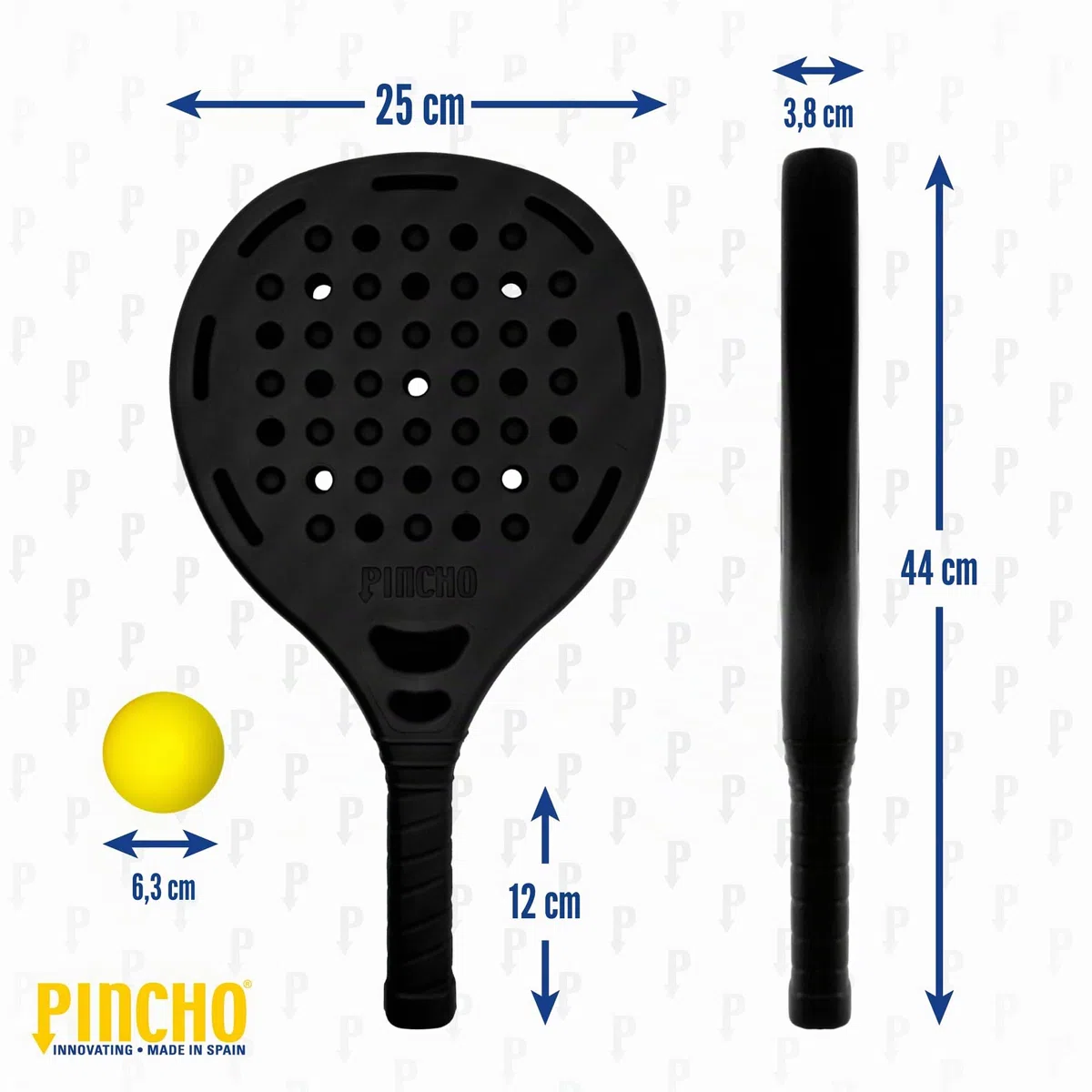 Racchettoni da Spiaggia Set - PINCHO - Beach Tennis, Giochi da Spiaggia, Palline Beach Tennis Eva, Padel Racchetta Water Resistant, Giochi da Giardino - 2 Racchette + 3 Palle, 44 cm, 260 g