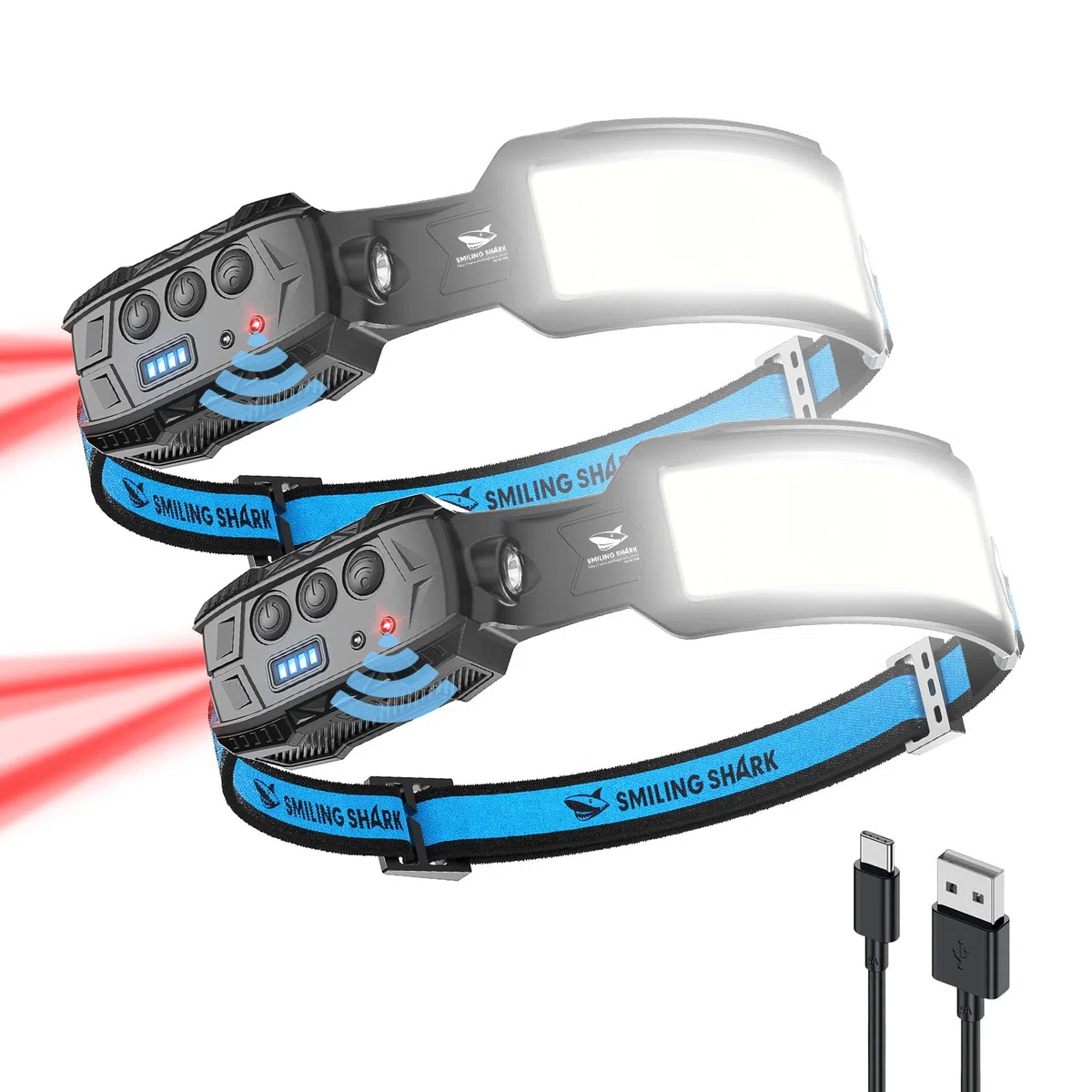 Smiling Shark Torcia Frontale, 2 Pack Ricaricabile Headlamp 7* Luce Bianche Sensore Movimento Super Brillante Rojo Luz Trasera Per Campeggio Pescar Correr Reparar, Torcia-Frontale-Lampada-Ricaricabile
