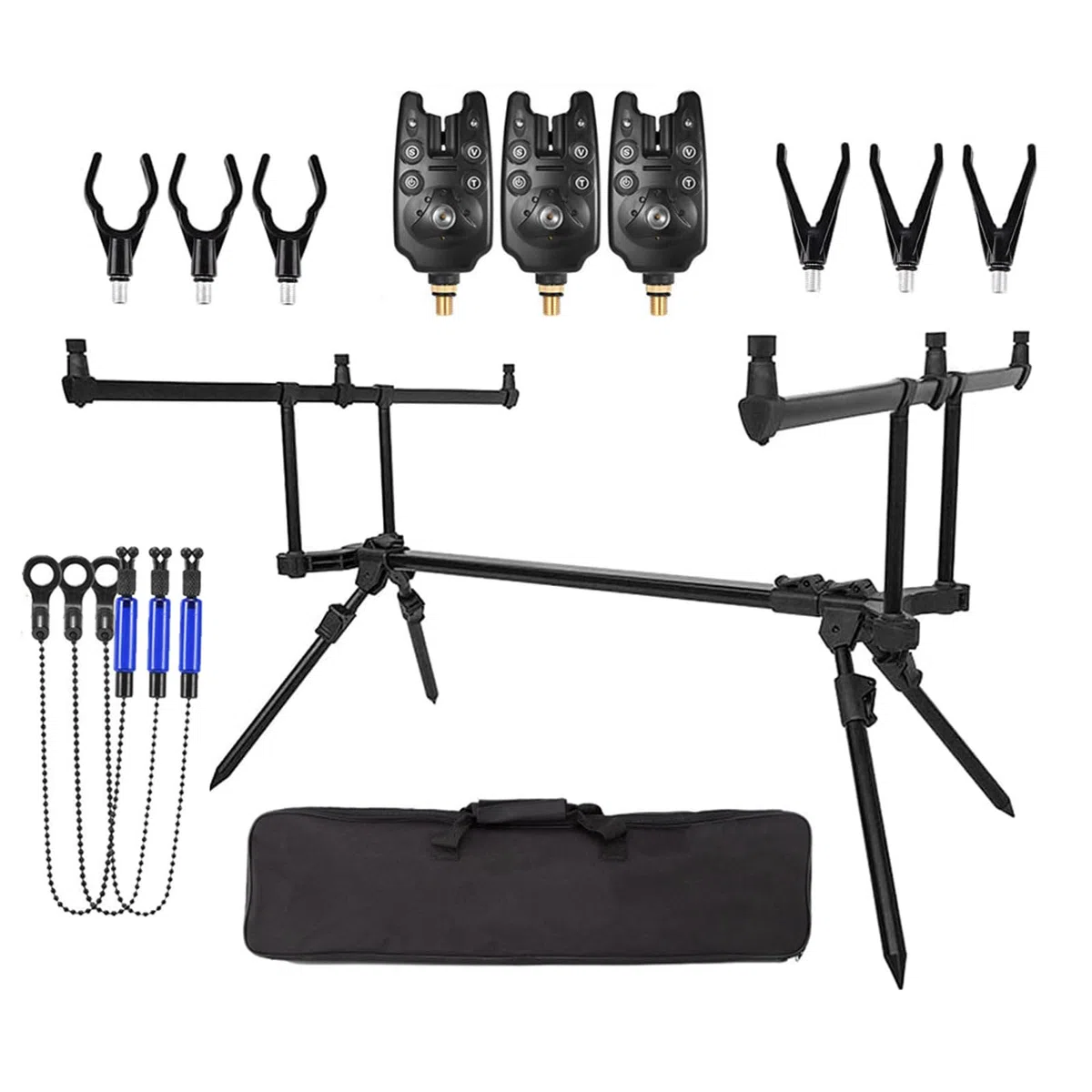Tiandirenhe Supporto regolabile retrattile per canna da pesca alla carpa, supporto per canna da pesca con 3 allarmi di morso da pesca 3 pezzi per esche da pesca Swinger Set di accessori da pesca