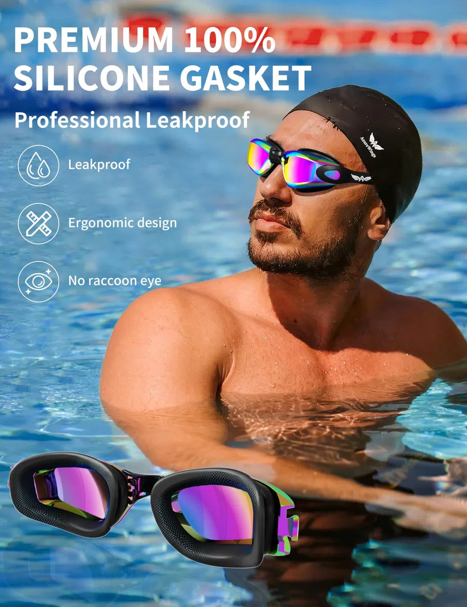 Occhialini da nuoto anti perdite, anti-appannamento e UV, per adulti, uomini e donne, lenti specchiate in policarbonato ad alta visibilità