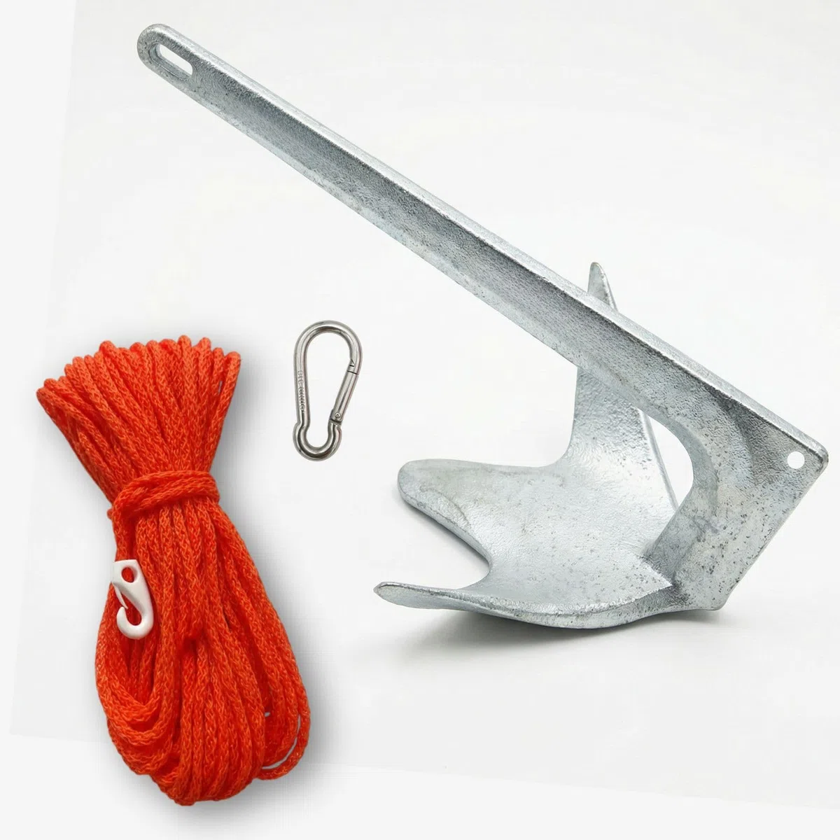 Ancora Bruce Trefoil in Acciaio Zincato a Caldo con Cima Galleggiante 30m e Moschettone Inox, Monoblocco per Barca e Gommone, 2,5Kg 5Kg 7,5Kg 10Kg