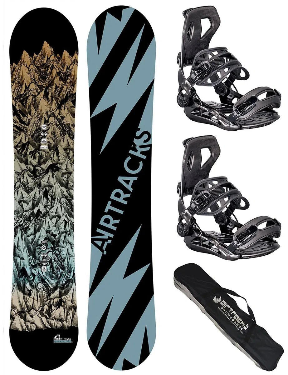 Airtracks Set snowboard da uomo snowboard Wide Mountain Lines Freestyle Freeride 165 – Snowboard Bindung Master M – SB Bag