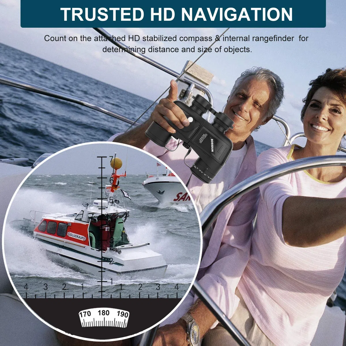 Binocolo Marino Mlitare Antiappannante Impermeabile 10x50, con Telemetro Interno e Bussola Obiettivo FMC con Prisma BAK4 per Navigazione, Canottaggio, Pesca,Sport Acquatici, Caccia