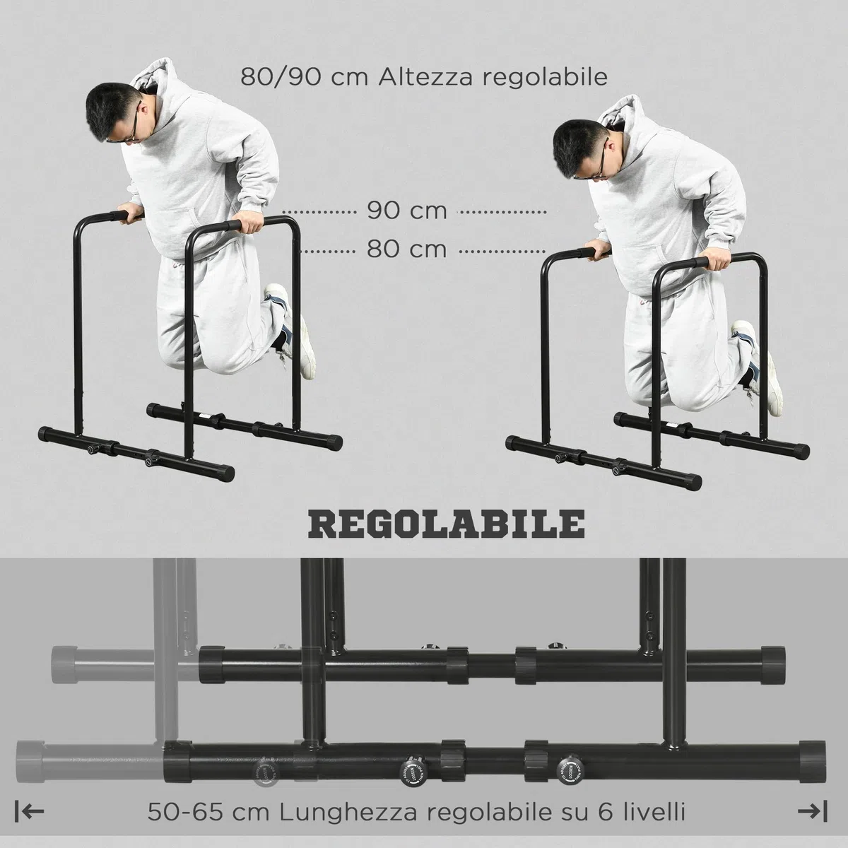 SPORTNOW Barra per Dip in Acciaio ad Altezza Regolabile con 6 Lunghezze Regolabili, 90-102x65x80-90 cm, Nera