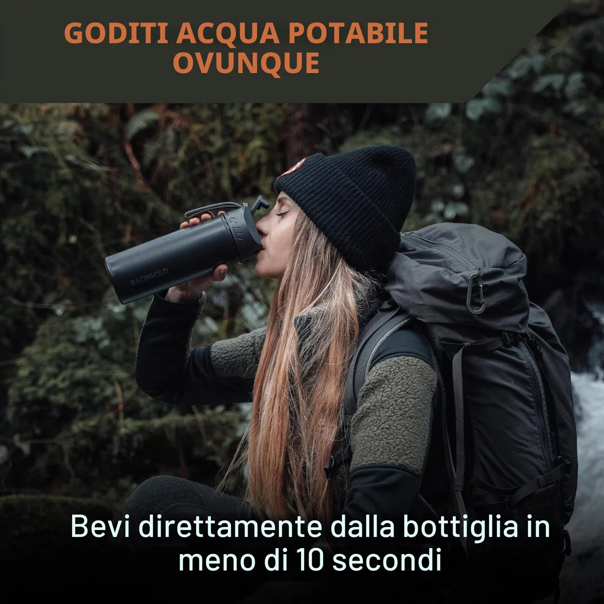 Bachgold Borraccia filtrante acqua potabile con capacità di filtrazione di 1500L I Rimuove il 99,99% dei batteri e filtra microplastiche, particelle e cloro I Per blackout e crisi, Negro 500ml