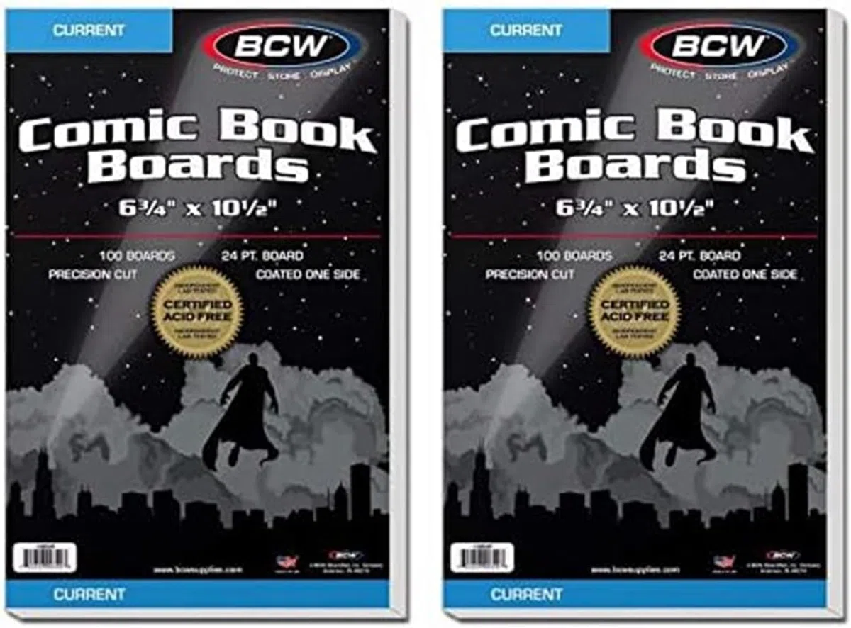 BCW Tavole di supporto per fumetti attuali, confezione da 2 (200 totali), 24 pt, rivestite, tamponate con carbonato di calcio al 3%, taglio di precisione per le borse dei fumetti attuali, lavagne per