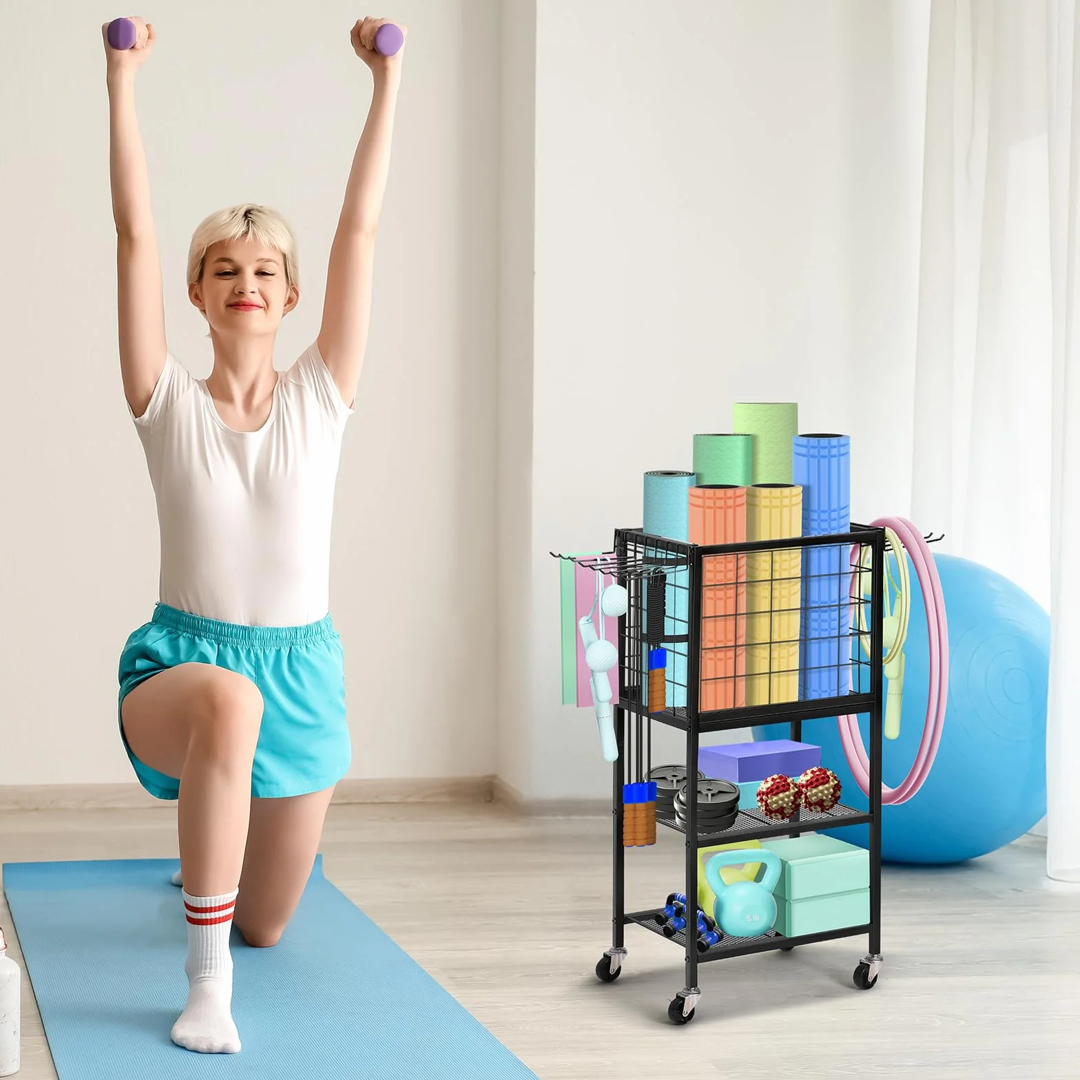 LIANTRAL Rastrelliera per manubri, tappetino da yoga, scaffale per attrezzature da allenamento, per manubri, kettlebell, tappetino da yoga e bande di resistenza, organizer per casa e palestra, con