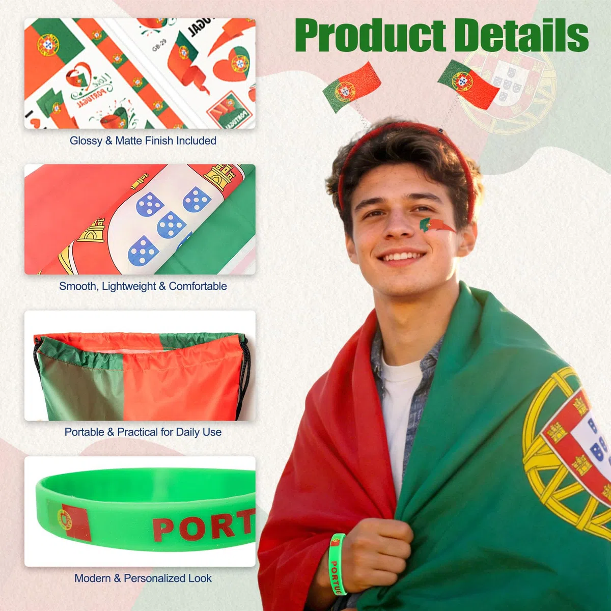 Set per tifosi della Coppa del Mondo 2026, include 10 kit per tifosi nazionali con fascia per la testa, 2 bastoncini di tuono, bandiera, braccialetto, borsa con coulisse, poster cancellabile a secco e