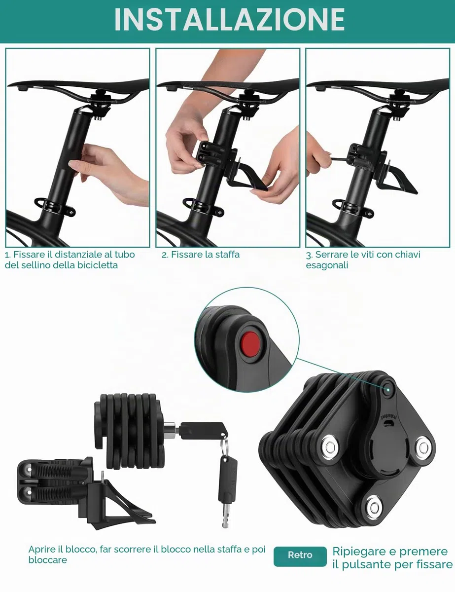 ROCKBROS Lucchetto Antifurto per Bici Lucchetto Pieghevole 2 Modelli Disponibili con Chiave e Serratura a Combinazione a Forma di Cubo con Supporto per Lucchetto