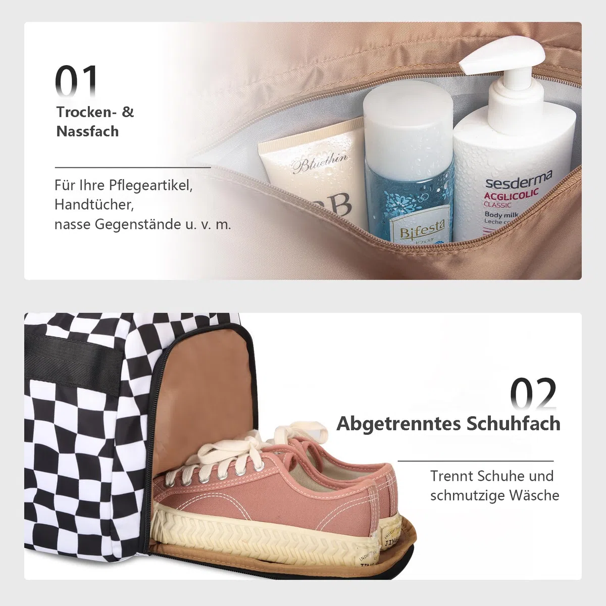 Bosidu Borsa sportiva per uomo e donna, grande borsa da viaggio con scomparto per scarpe e scomparto bagnato, leggera borsa per il weekend, borsa fitness per sport, palestra, viaggi e pernottamenti