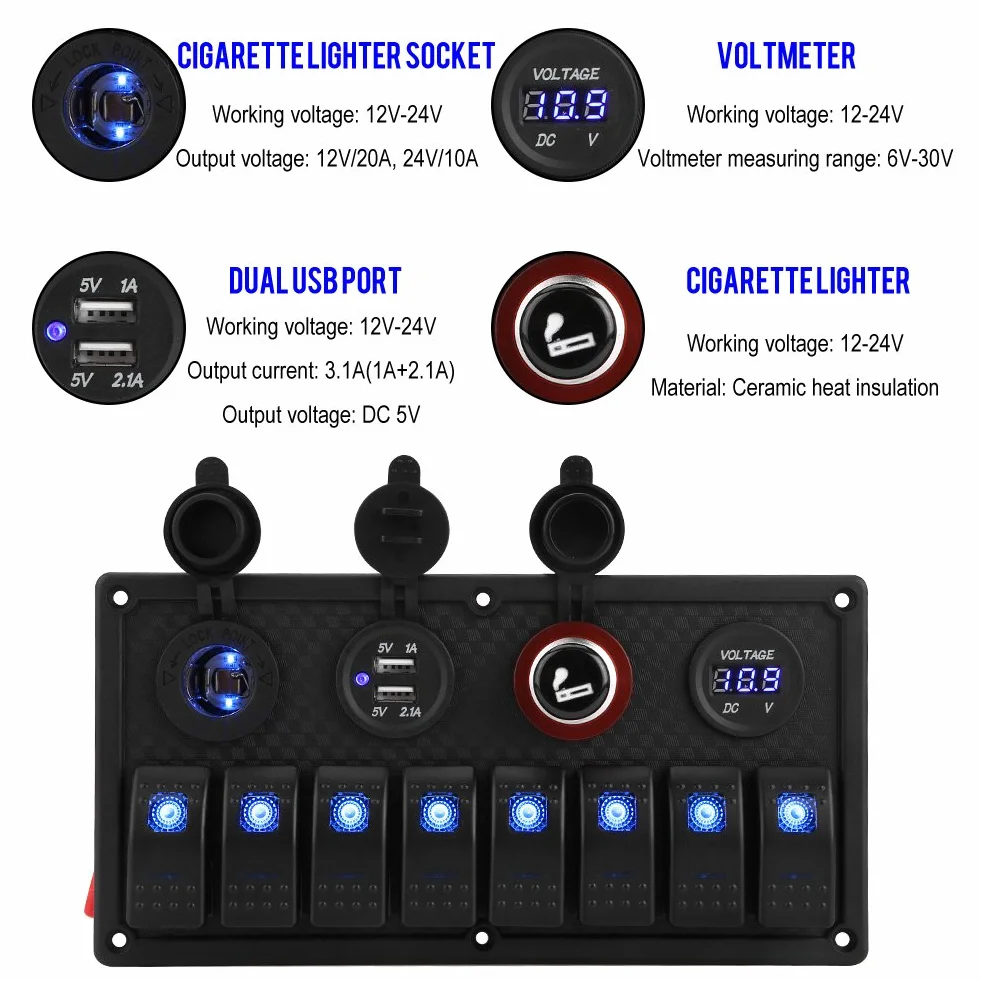 Interruttore a bilanciere 12V 24V 8 Gear Car Boat Impermeabile Interruttore a bilanciere a led Pannello di controllo Doppio voltmetro USB Accendisigari + panel interruptor