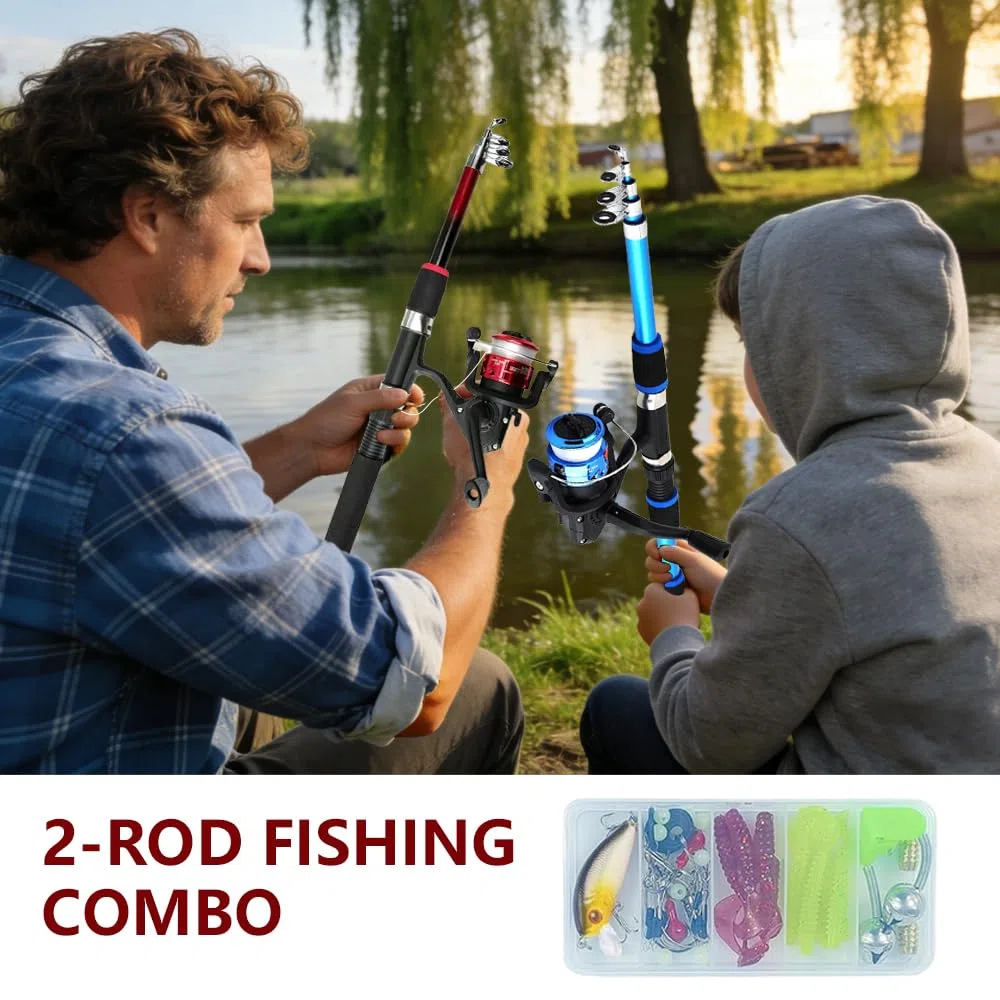 1,8M Canna da Pesca Bambino, 2 Set Iniziale di Canna da Pesca per Bambini, Set Completo di Canne da Pesce Telescopica con Mulinello, Esche, Filo, Ami, Kit Portatile per Principianti Bambini
