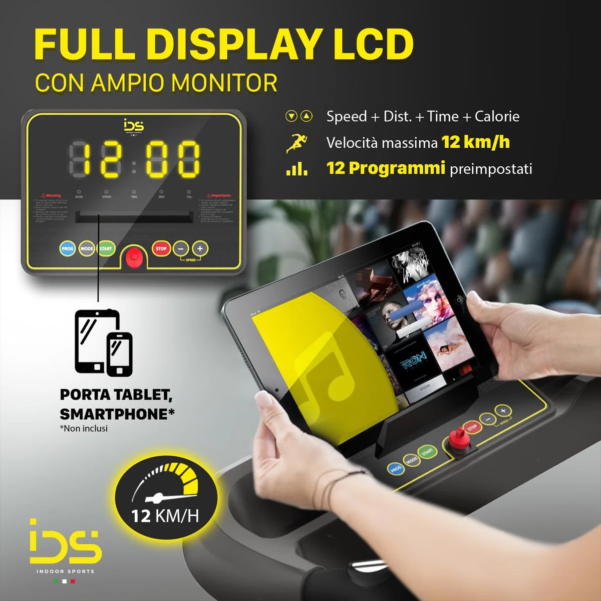 IDS W6 Tapis Roulant Elettrico Salvaspazio, CORSA + NORDIC WALKING, Brand ITALIANO, Super Slim 11,5 CM, 8 km/h, 6 Programmi, Telecomando da polso, Garanzia e Assistenza ITALIA