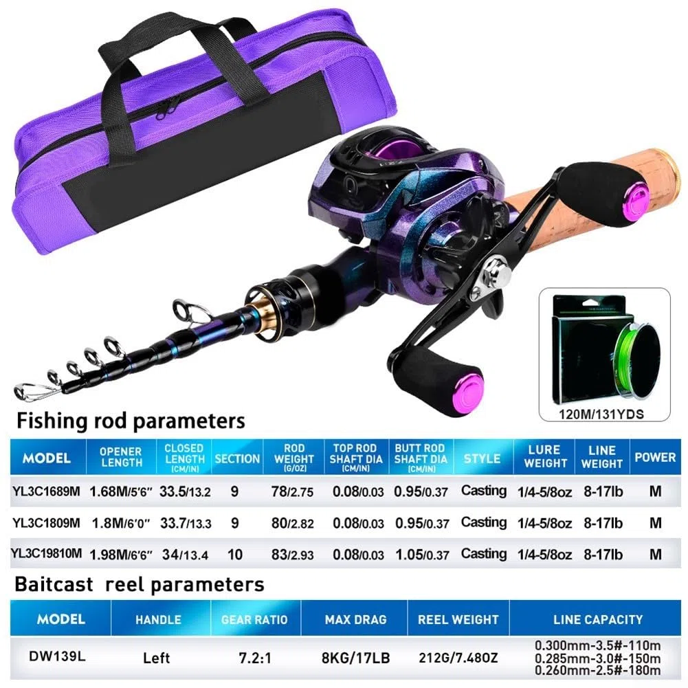 Canna da pesca telescopica e mulinello per Combo, Baitcasting o Lure Fishing Outfit con fibra di carbonio, attrezzatura da pesca per principianti in acqua salata per mare barca surf casting