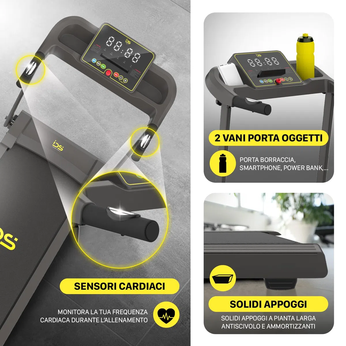 IDS W6 Tapis Roulant Elettrico Salvaspazio, CORSA + NORDIC WALKING, Brand ITALIANO, Super Slim 11,5 CM, 8 km/h, 6 Programmi, Telecomando da polso, Garanzia e Assistenza ITALIA