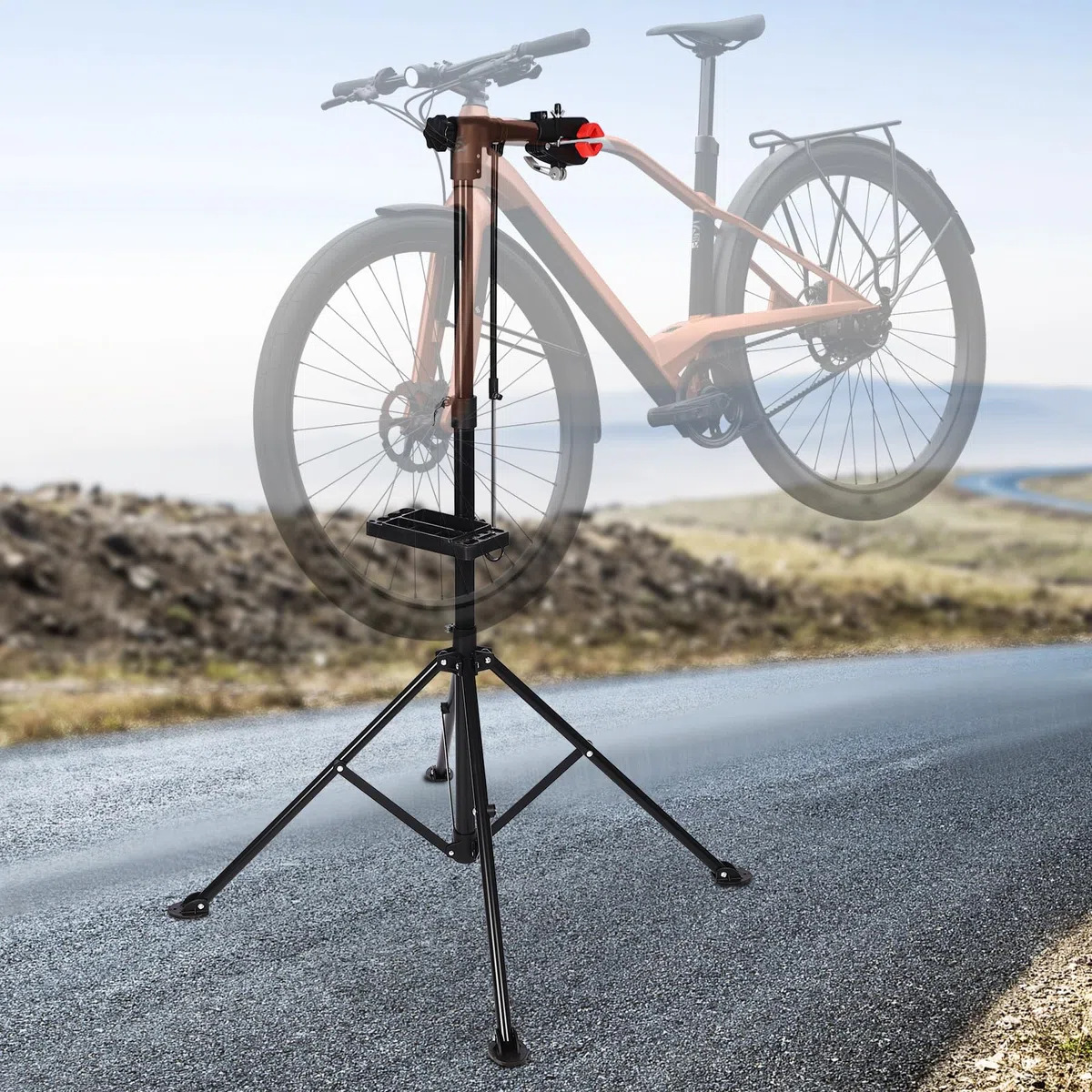 Supporto per montaggio per bicicletta, pieghevole, regolabile in altezza, set di riparazione con ripiano per attrezzi, asta di bilanciamento (nero + rosso)