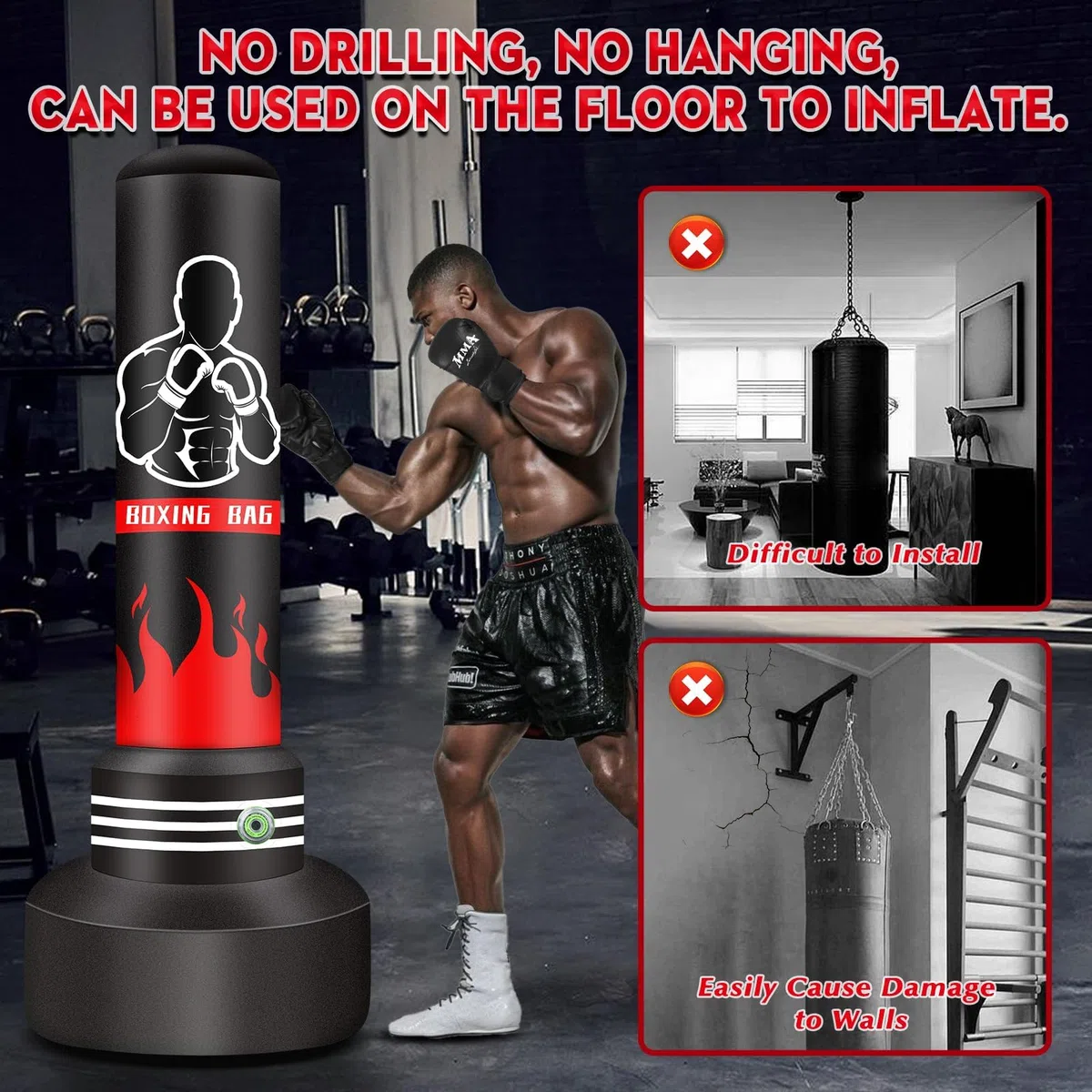 Sacco da boxe da 180 cm, pesante, autoportante, per adulti, gonfiabile, kickboxing, per allenamento, MMA, Muay Thai
