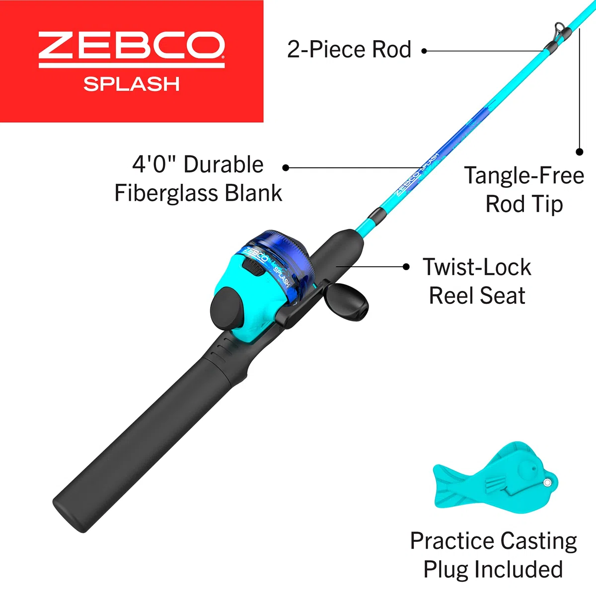 Zebco Kids Splash Jr. - Mulinello e canna da pesca combinata, canna da pesca da 1,2 m, 2 pezzi, misura 20, recupero mano destra, pre-bobinata con lenza Cajun da 2,7 kg