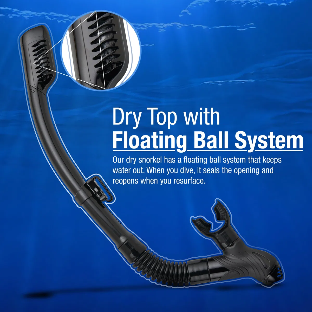 Dry boccaglio con boccaglio in silicone e valvola di sfiato per lo snorkeling e le immersioni | Nero