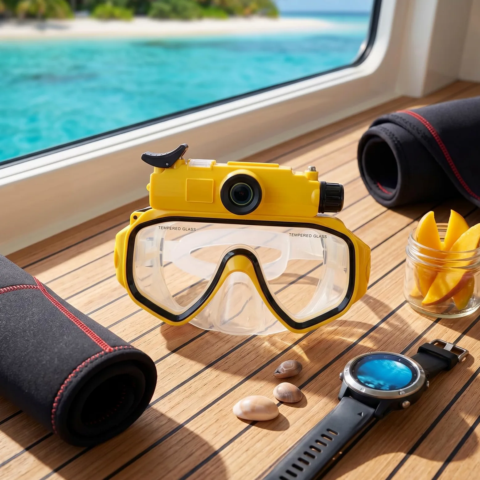 CCYLEZ Maschera Subacquea con Videocamera 2K, Angolo Grandangolare 100° per | Cornice in ABS e Silicone, Impermeabile Fino a 15m, Foto da 50MP, Batteria da 600mAh, Supporto WiFi Tramite app.