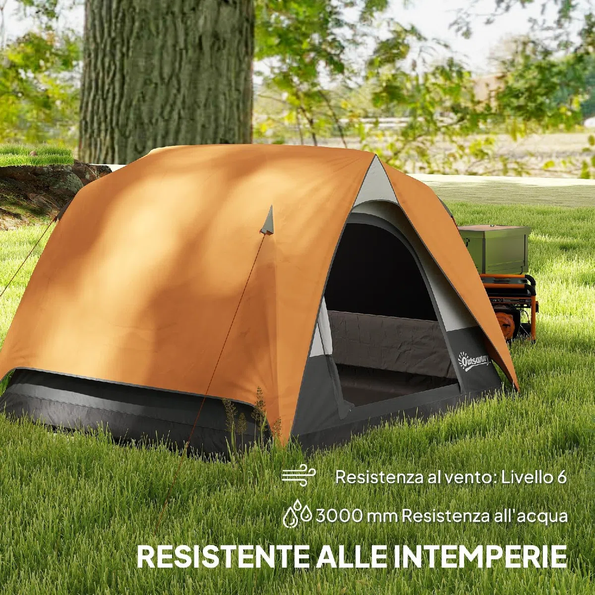 Tenda Campeggio 3 Posti Impermeabile con Tasca Gancio per Lanterna e Borsa 2x2x1.35m Arancione