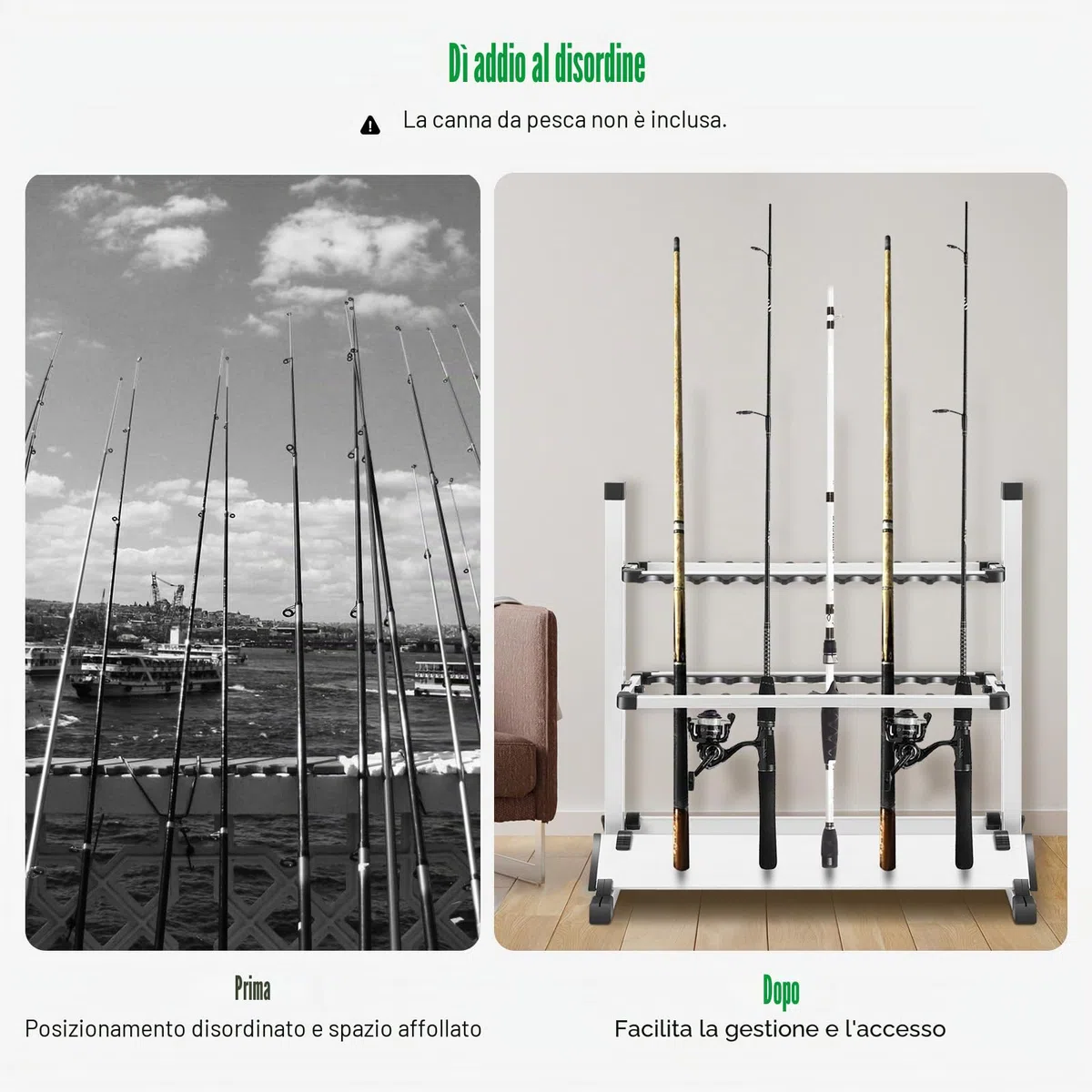 Supporto per canna da pesca in alluminio per un massimo di 24 canne, porta canna da pesca portatile, salvaspazio, per garage o uso domestico