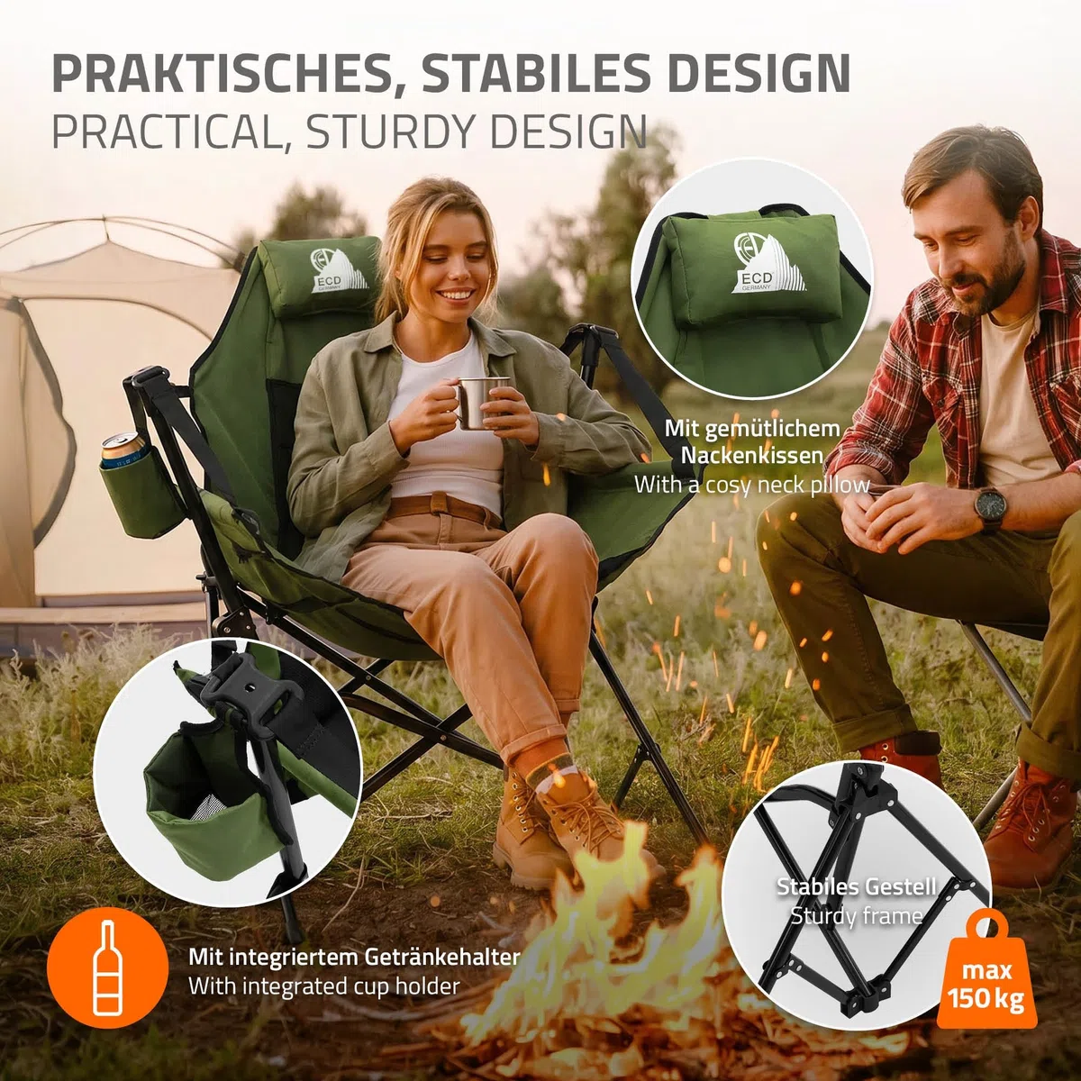 ECD Germany Sedia da Campeggio Pieghevole, Cachi, Struttura in Acciaio, Schienale Alto Regolabile, Imbottita, con Portabicchieri, Cuscino Poggiatesta e Borsa Trasporto, Sedia da Pesca a Dondolo