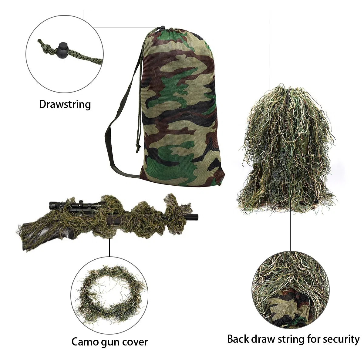 Goetland 5 Pezzi 3D Ghillie Suit Kit Softair Tuta Mimetica da Caccia Accessori Rete Mimetica Softair per Uomo Adulto