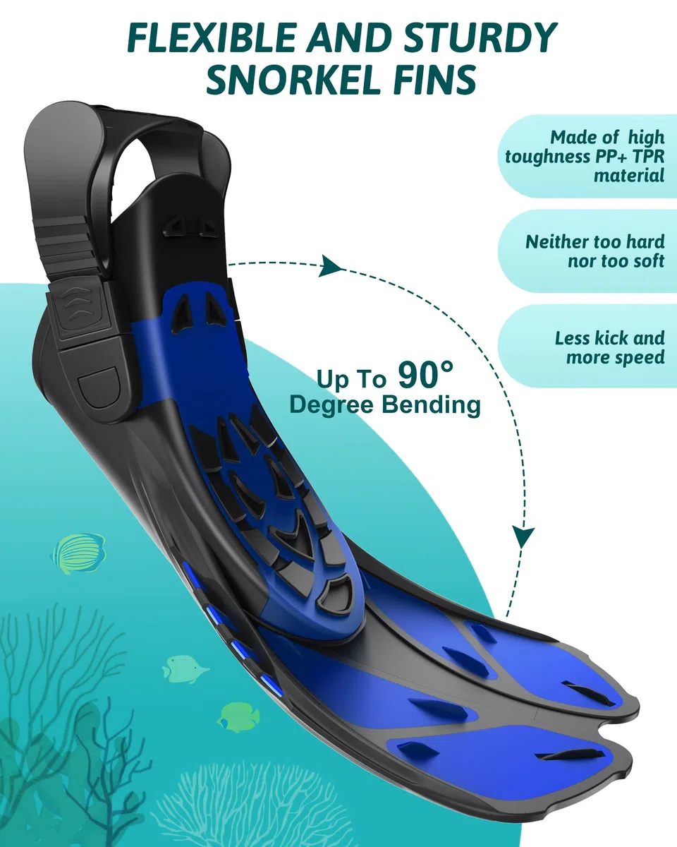 Viginsul Set di attrezzatura da snorkeling per adulti e bambini, maschera integrale pieghevole con pinne regolabili