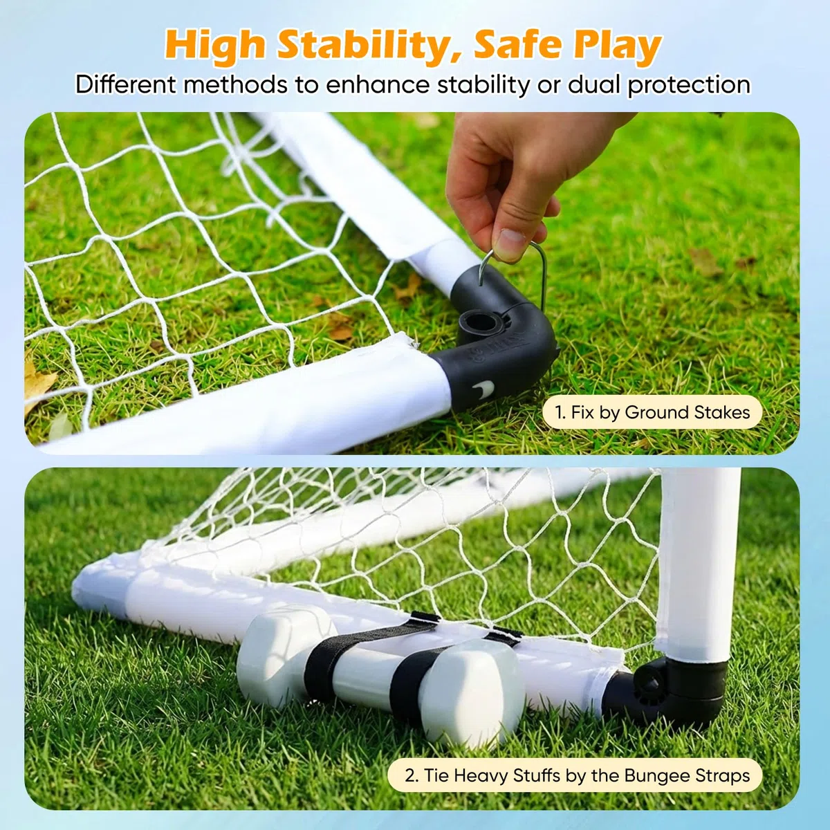 Set di 2 porte da calcio per bambini - Porte da calcio con pratica borsa per il trasporto, giochi all'aperto per bambini con pallone da calcio, pompa ad aria, 8 picchetti di ancoraggio