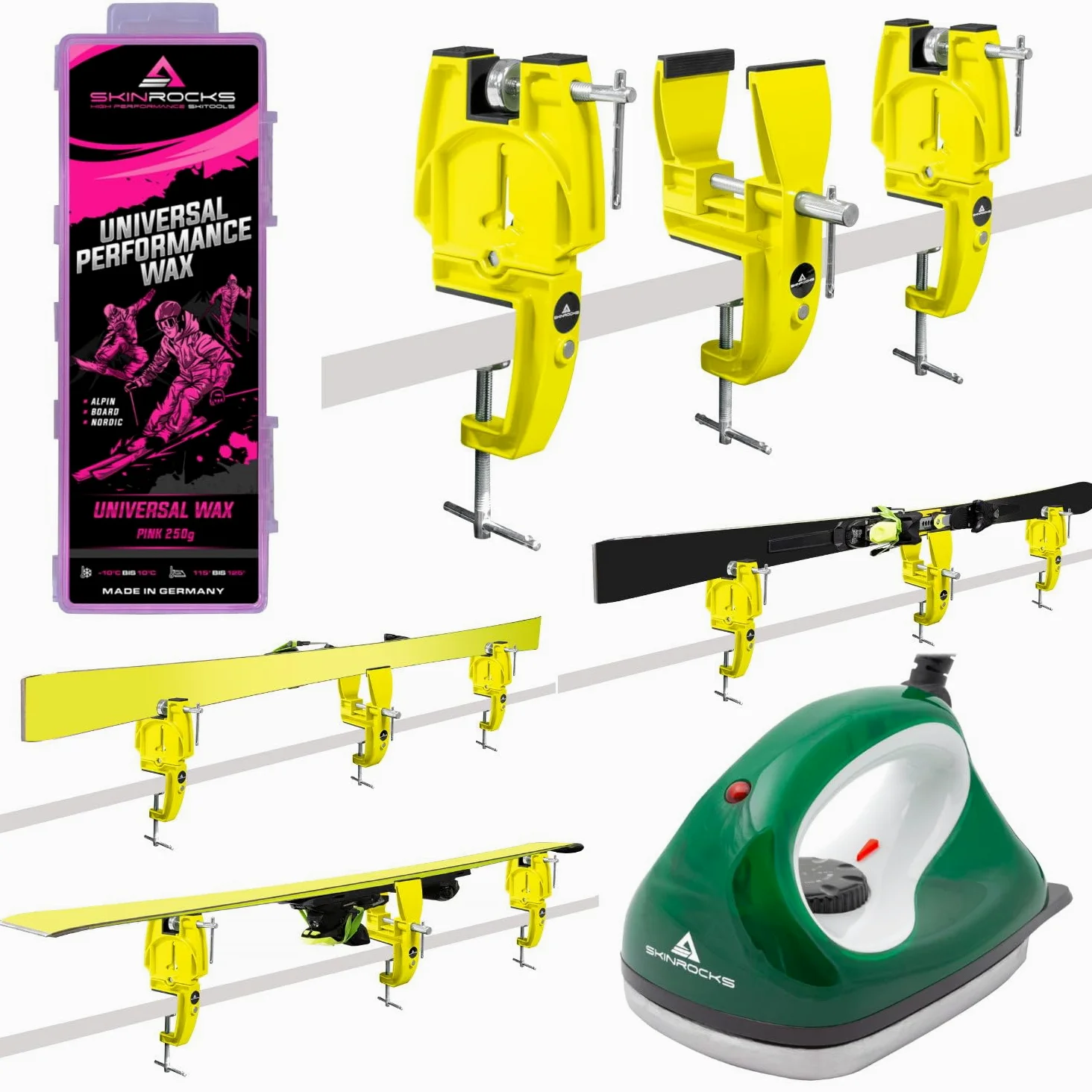 SkinRocks Set di cera da sci, 3 pezzi, ferro da stiro, universale, per sci, colore: giallo