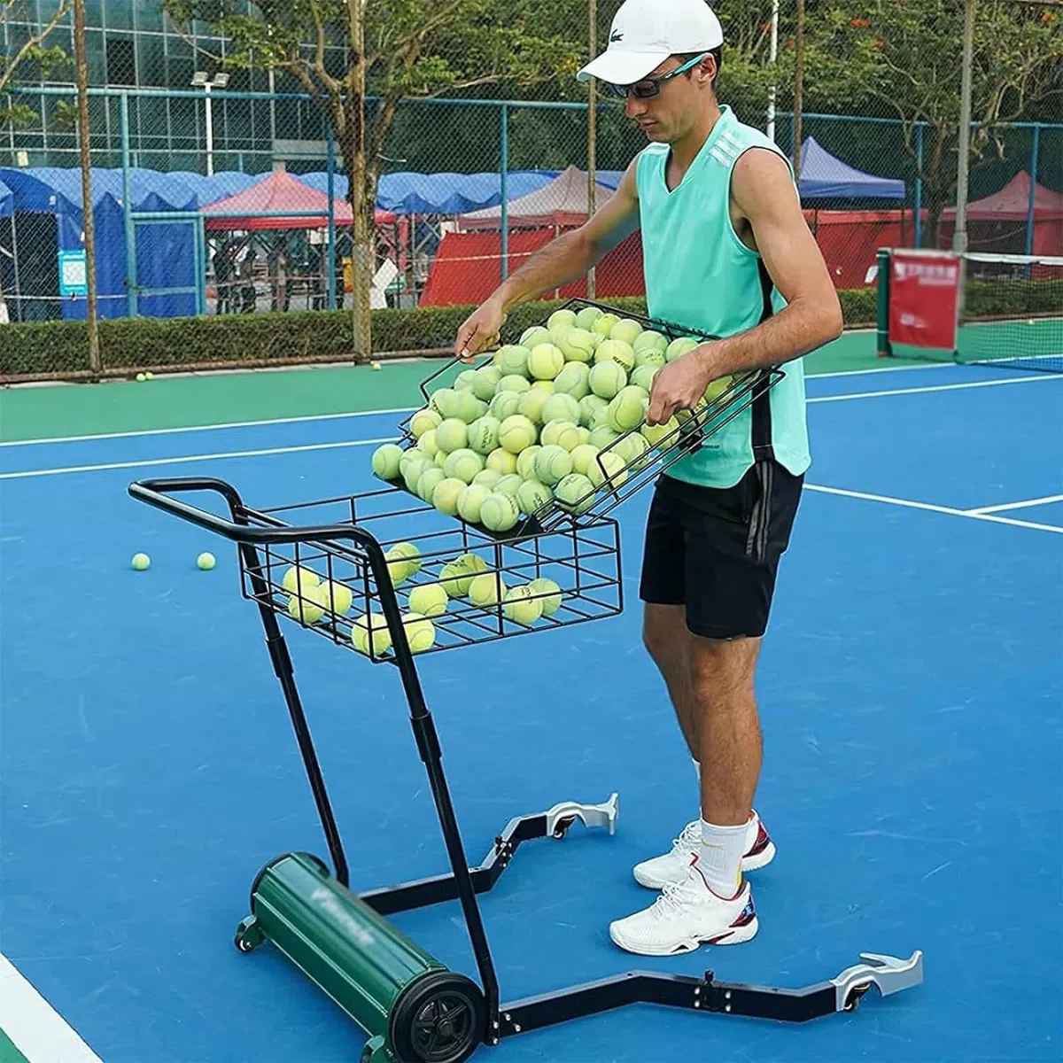 Carrello per raccogliere palline da tennis e tramoggia, facile da collezionare, raccoglie 90 palline alla volta, può contenere fino a 290 palline da tennis, ideale per campi da tennis