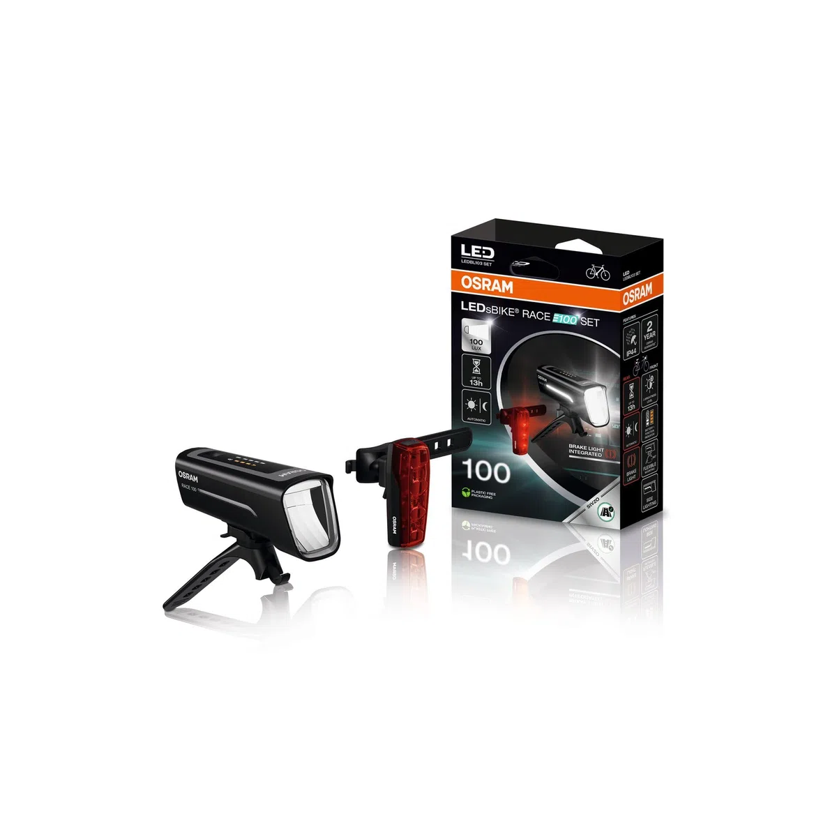 OSRAM LEDsBIKE RACE 100 SET,set di luci ricaricabili per bicicletta, set di luci a LED anteriori e posteriori con luce del freno, molteplici modalità di illuminazione, tre livelli di luminosità,100lux