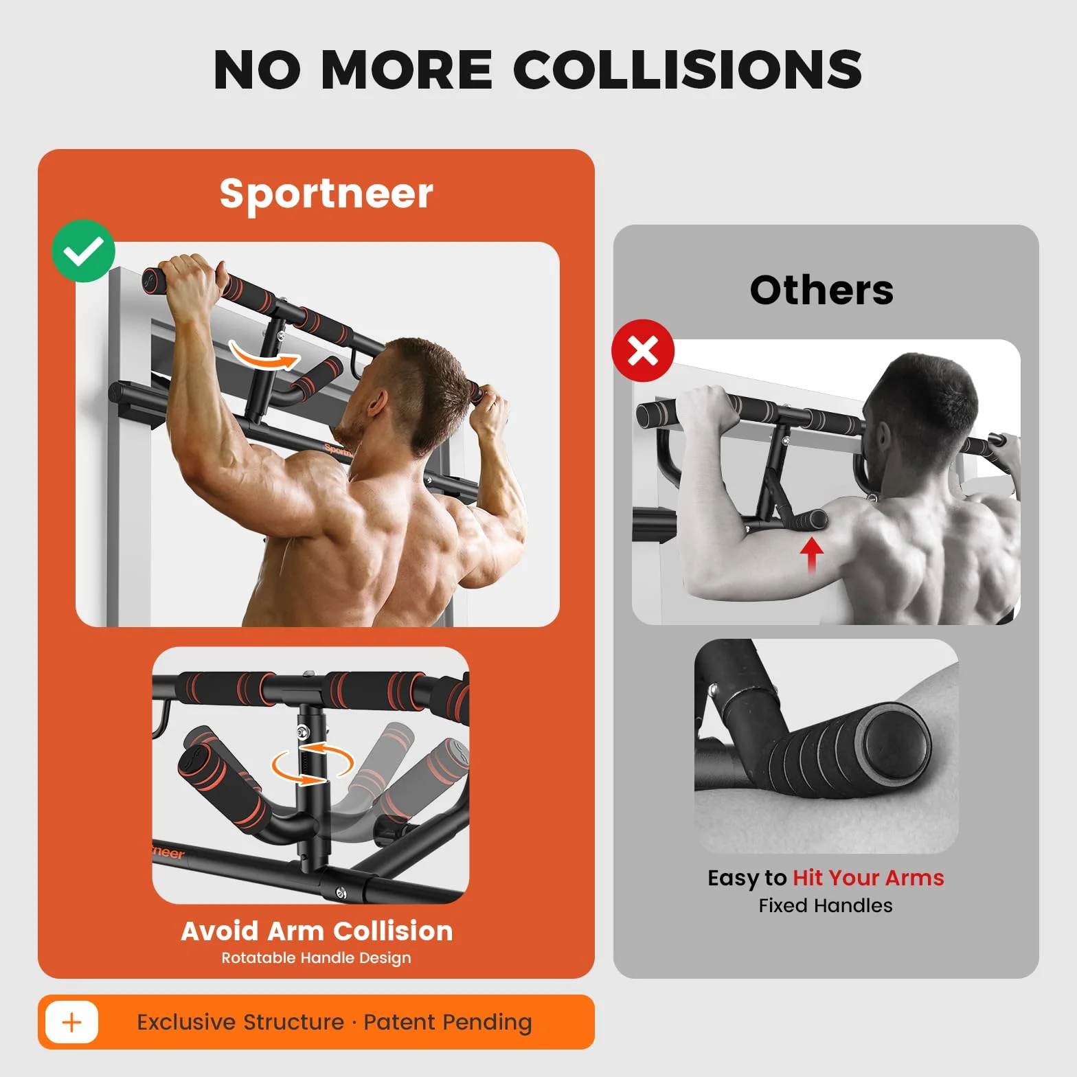 Sportneer - Sbarra per trazioni da telaio di porta con maniglia pieghevole, barra per mento per allenamento di forza per fitness della parte superiore del corpo, capacità fino a 200 kg