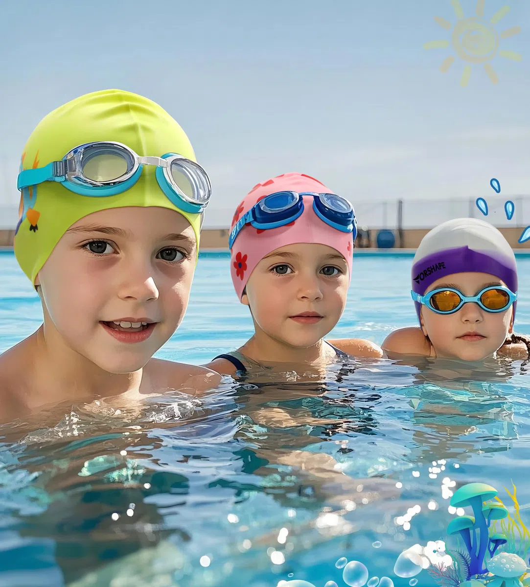 Cuffia da nuoto per bambini (confezione da 2), resistente e impermeabile, per ragazze e ragazzi dai 3 ai 15 anni, comoda cuffia da nuoto per bambini per capelli lunghi e capelli corti, cuffie