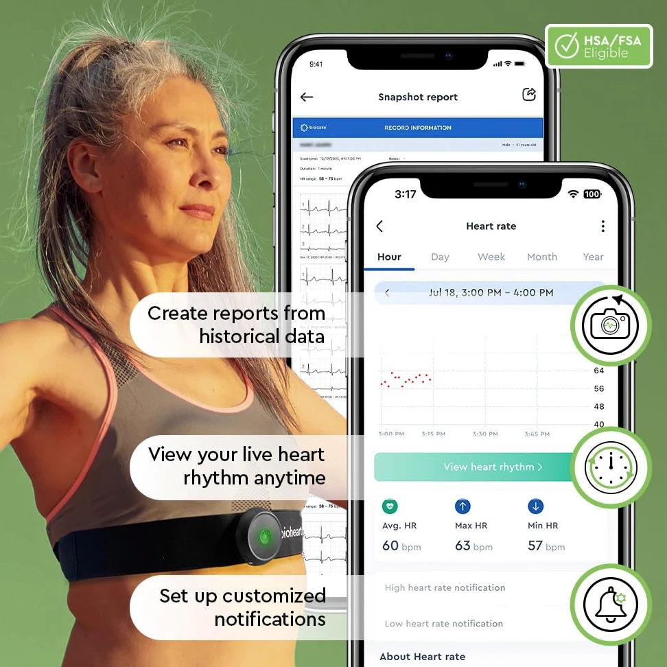 Bioheart - Cardiofrequenzimetro Bluetooth | Monitoraggio continuo della frequenza cardiaca | Fascia toracica Dispositivo mobile per la frequenza cardiaca | Abbonamento di un anno incluso
