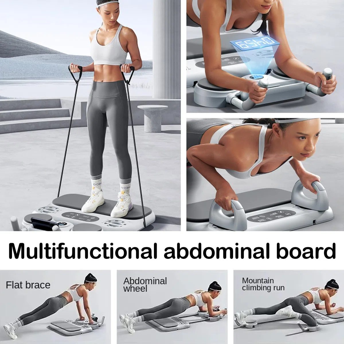 Tavola Reformer Pilates, 6 In 1 Tavola Allenamento Multifunzionale Pilates Sliding Board Con Fasce Resistenza Tappetino Ginocchia Timer LED Supporto Cellulare Allenatore Muscolare Addominale