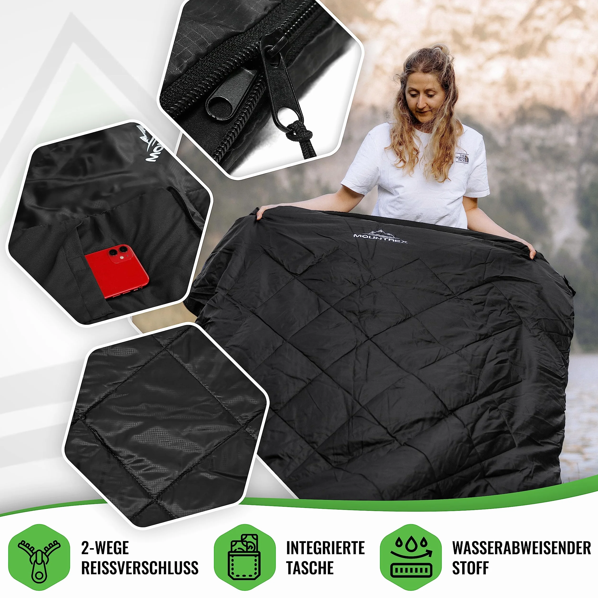 MOUNTREX Sacco a pelo doppio – Sacco nanna estivo per 2 persone (210 x 150 cm), sacco a pelo estivo XXL con 2 cuscini per adulti, campeggio, attività all'aperto e per interni