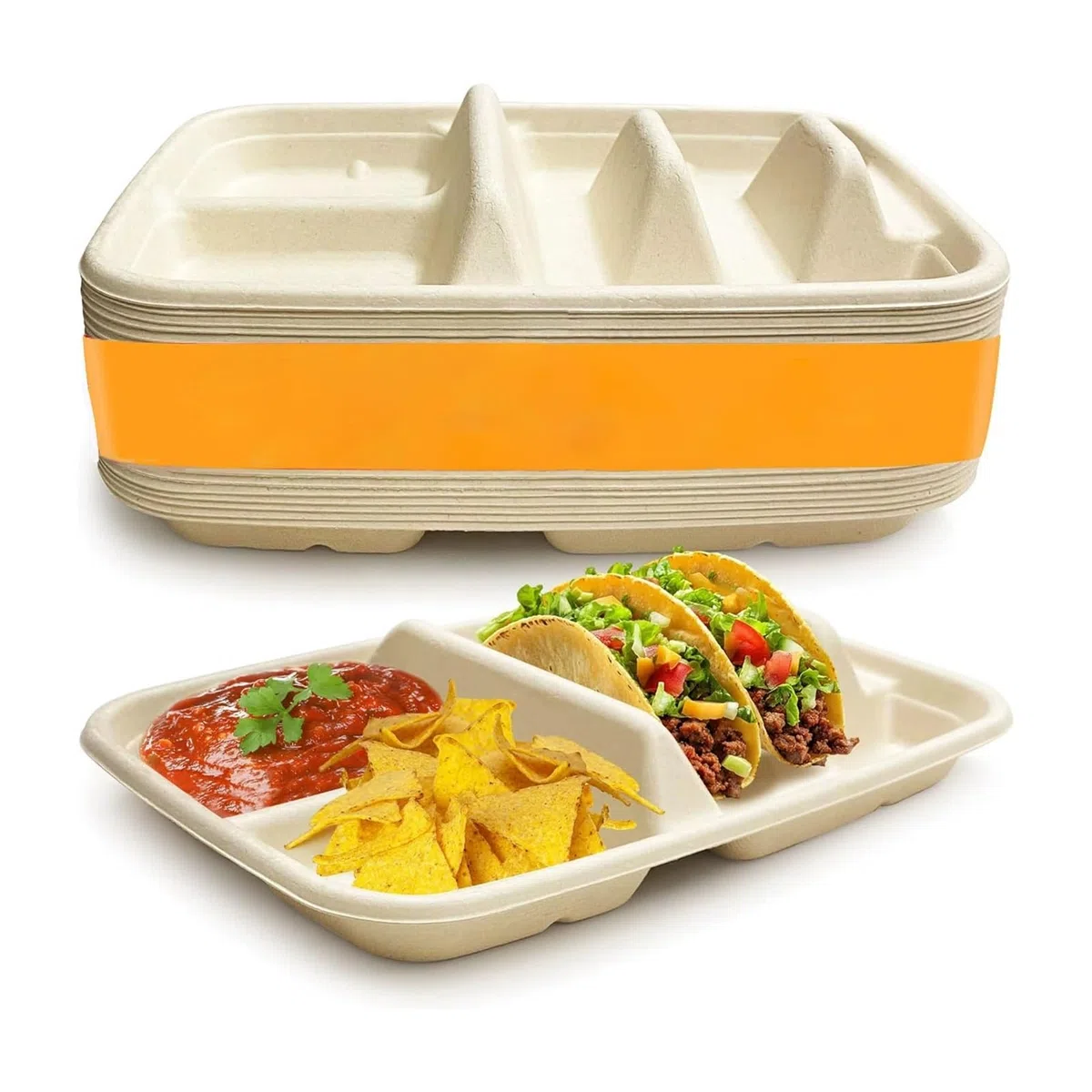 BOPIES Vassoi taco monouso compostabile fibra vegetale due scomparti | Vassoio anti-grasso microonde feste catering camion alimentare messicano(50pcs)