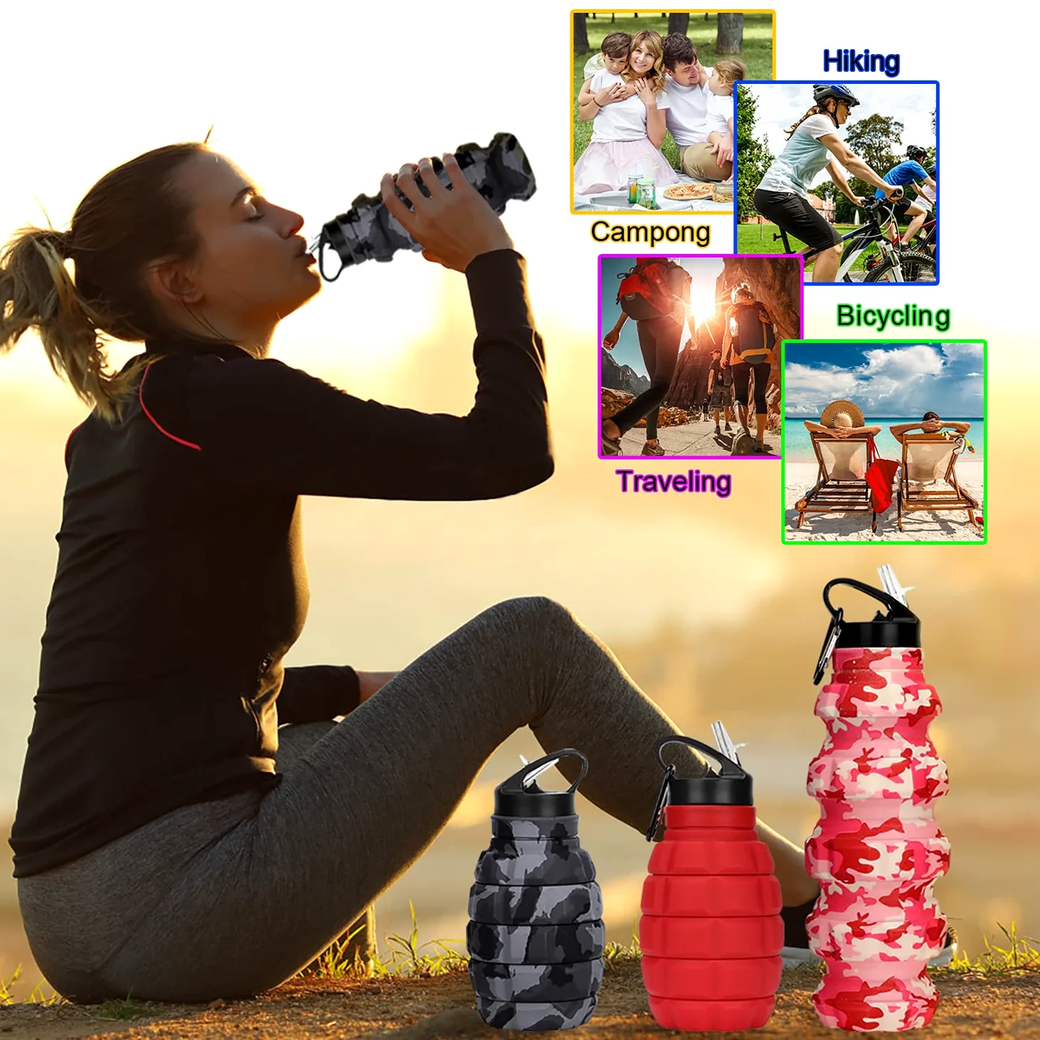 Borraccia da Viaggio Pieghevole 20 oz, Borraccia Riutilizzabile Senza BPA In Silicone Pieghevole Per Palestra Campeggio Escursionismo, Borracce Sportiva Portatile A Prova Di Perdite Con Moschettone