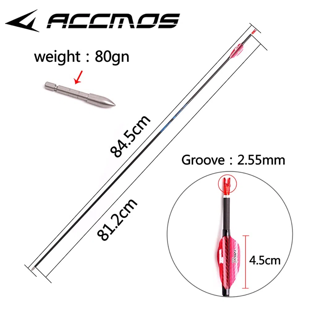 ACCMOS 12pcs 30＂Targeting Frecce ID 4,2 mm Spine 600 Freccia in Puro Carbonio, per Caccia al Tiro con L'Arco e Pratica di Tiro (Spine 600, 30 inch)