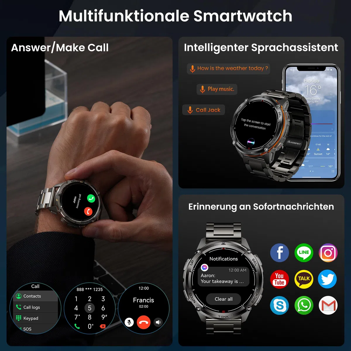KOSPET TANK T3 ULTRA 2 Smartwatch Uomo Rugged Con GPS, Schermo AMOLED 1,43" | Autonomia 15 Giorni, Impermeabile 5ATM e IP69K, 170+ Modalità Sportive, Compatibile Android & iPhone Doppie cinghie